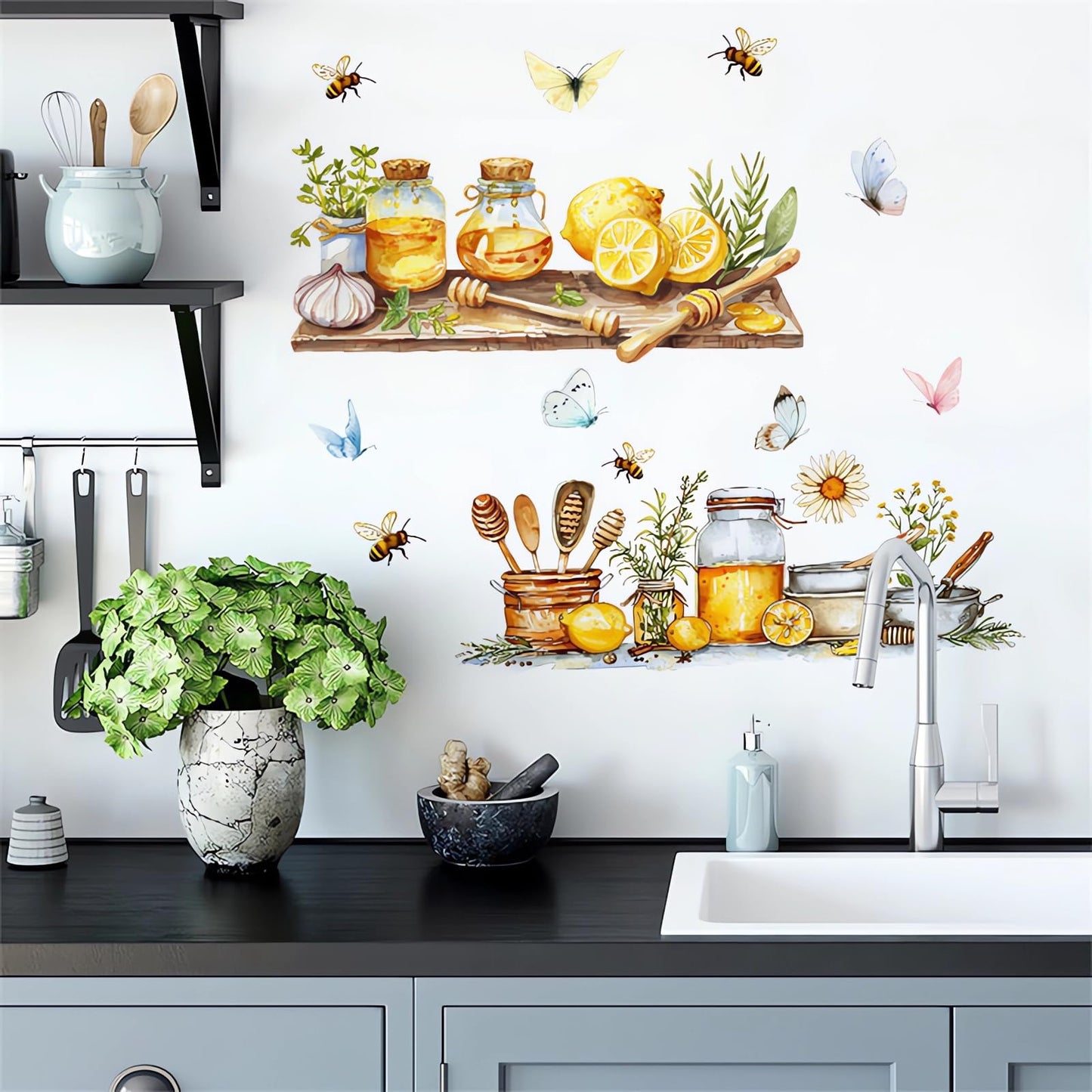 Lemon Honey Bee Butterfly Kitchen Wall Stickers, sacinora Kitchenware Utensil Shelf Yellow Fruit Wall Decals Removable Vinyl Peel and Stick Kitchen Dining Restaurant Bar Home Decorations