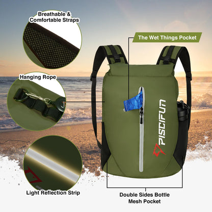 Piscifun Dry Bag Waterproof, Floating Dry Backpack, Lightweight Waterproof Dry Bag with Waist Pouch and Phone Case for Kayaking, Camping, Beach, Boating & Swimming for Men & Women Army Green 20L