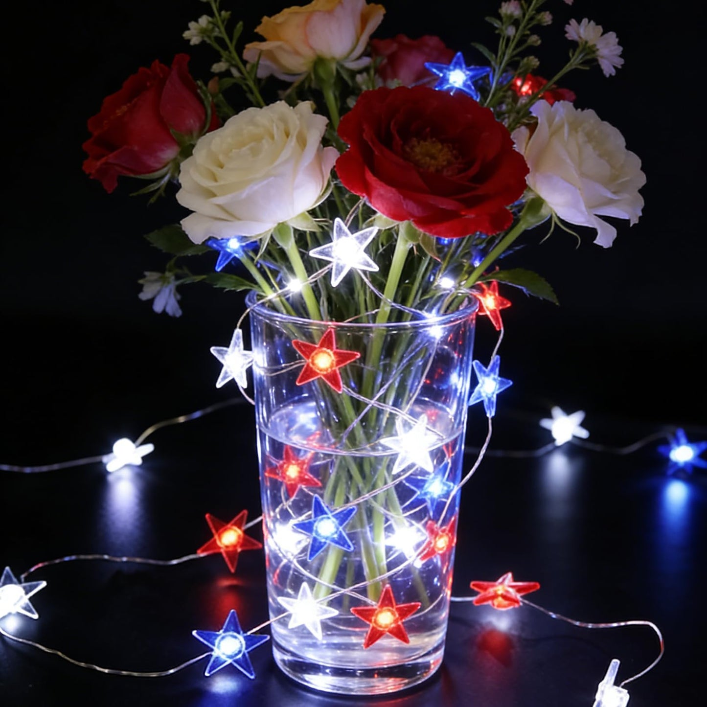 TWINGLEHOME 50 LED Patriotic String Lights Star 16FT (5M) with Copper Wire, Waterproof Battery Box, Multifunctional Modes Lighting (Red, Cool White, Blue) for Nation Day