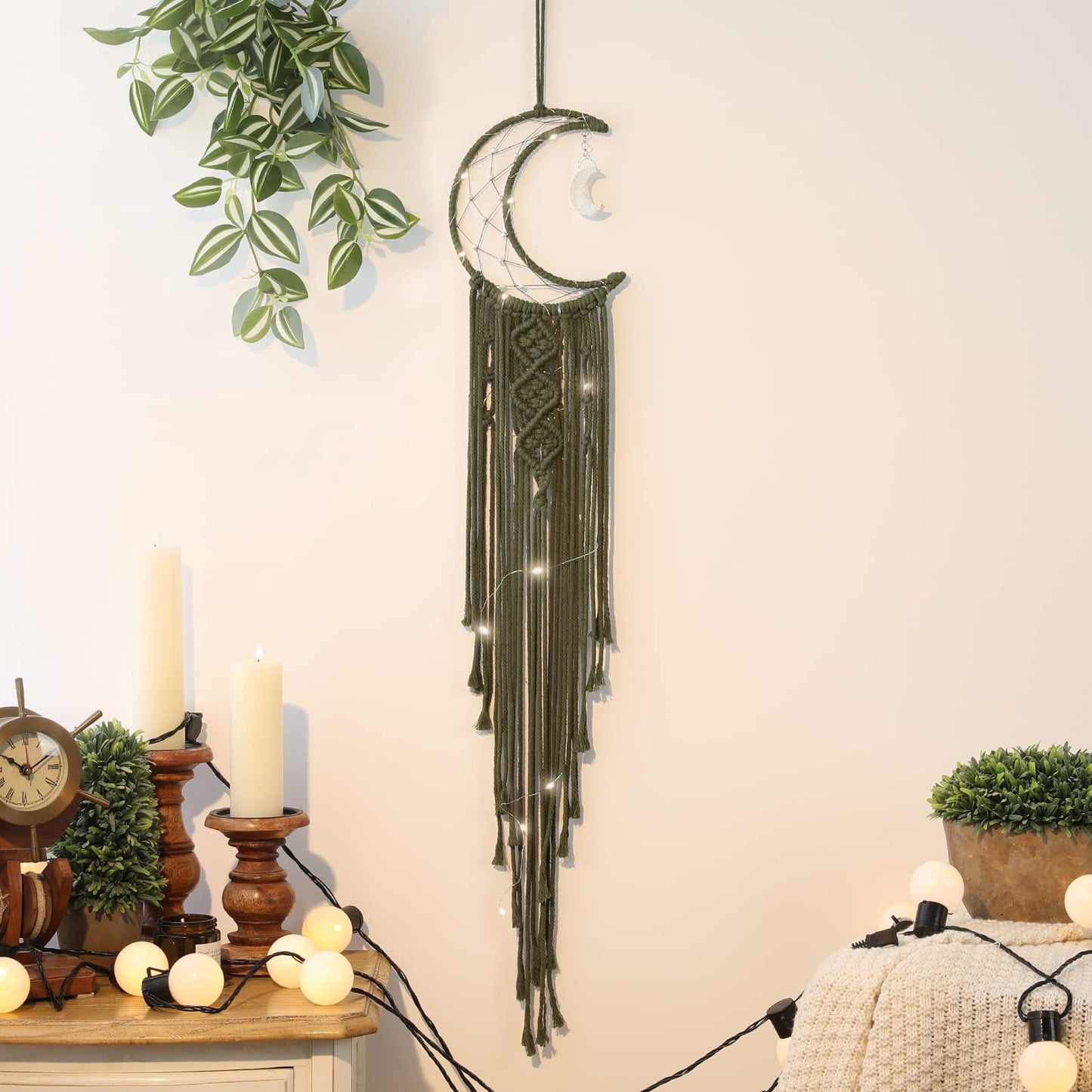 Boho Macrame Woven Wall Hanging for Kids, Crochet Crescent Moon Star Dream Catcher with Long Tasselt, Olive Cotton Handmade Bohemian Home Decor Decoration for Nursery Bedroom Dorm Room