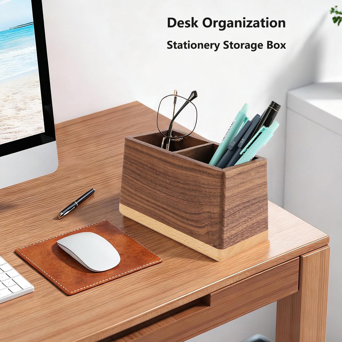 Sakulaya Walnut Pencil Holder Wood Pen Holder for Desk Multiple-Use Desk Writing Stationary Organizer Office School Supplies Storage Double Slots Trapezoid Shape