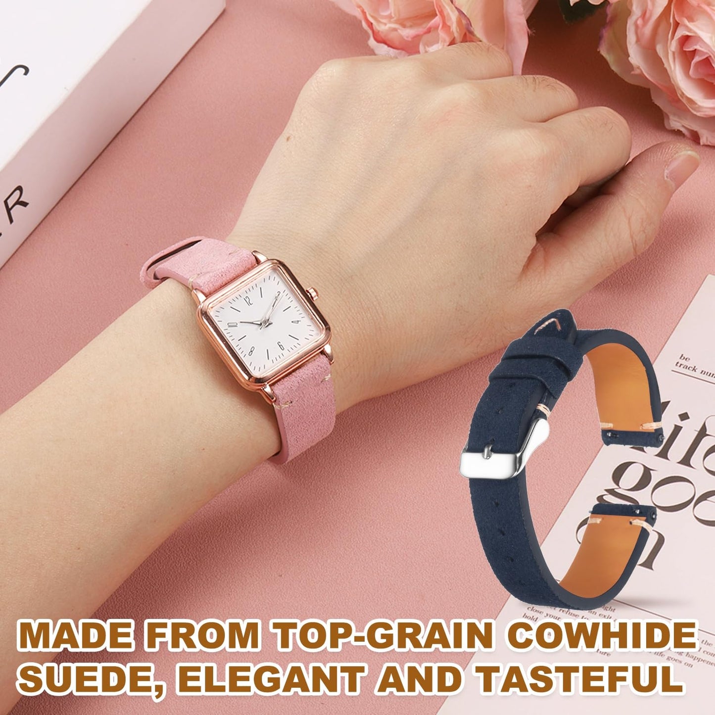 HARFINGTON Leather Watch Band 18mm Width Watch Strap Top-Grain Suede Cowhide Wrist Bands Replacement with Stainless Steel Buckle for Men Women, Dark Blue