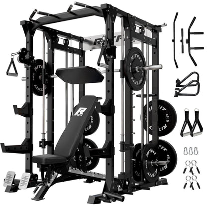 RitFit Buffalo Smith Machine, Power cage with LAT-Pull Down System & Cable Crossover System, All-in-One Squat Rack for Home Gym, Power Rack