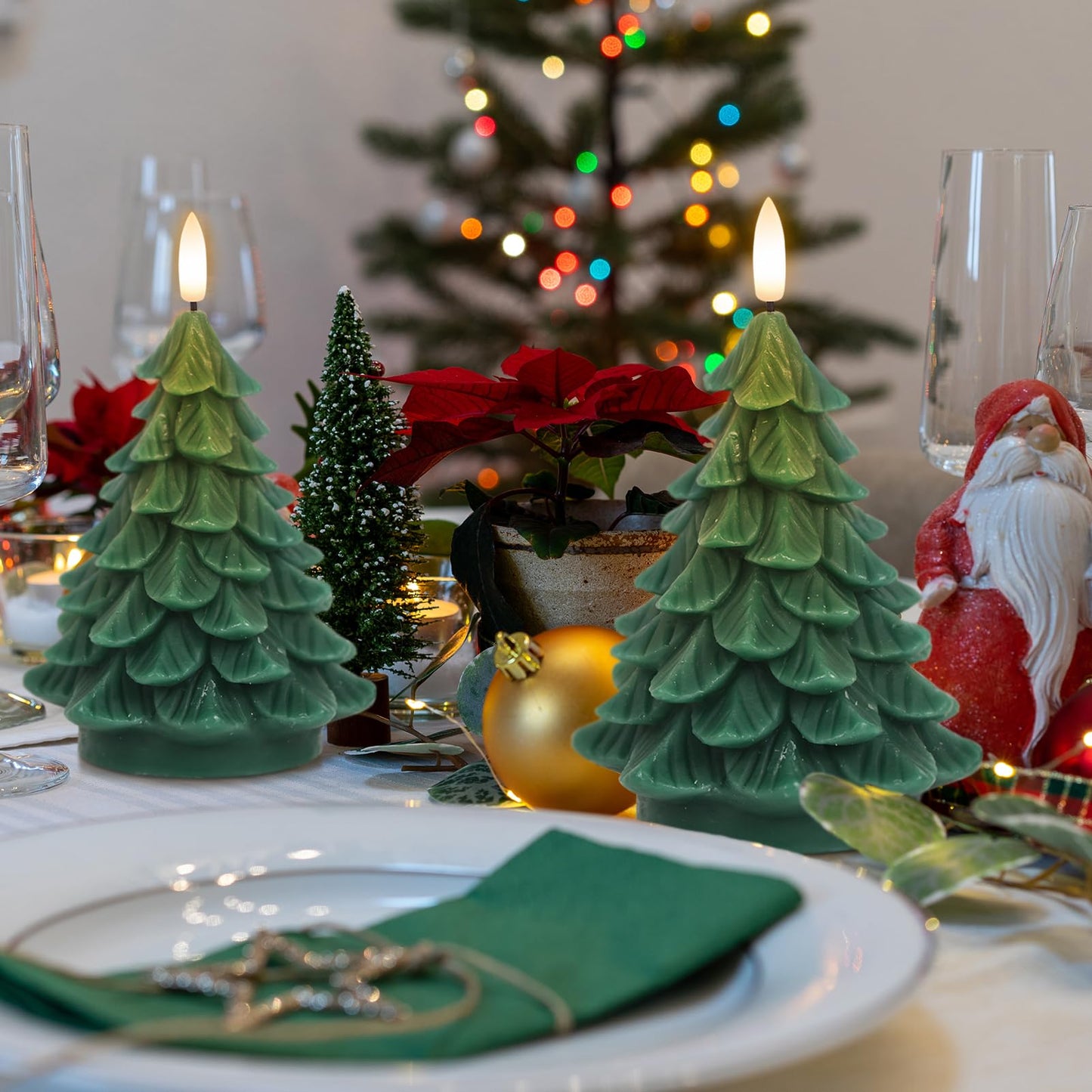 DRomance Christmas Tree Flameless Candles Battery Operated with 6 Hour Timer, 2 Pack Green Real Wax Lifelike Leaves 3D Wick LED Flickering Candles Dinner Party Holiday Indoor Decor(2.76" x 5.9")