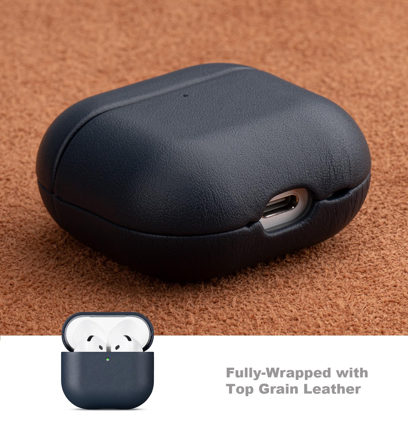 LOPIE Handmade Case for AirPods 4 / AirPods 4 with Active Noise Cancellation Leather Case, Fully-Wrapped with Top Grain Leather, Protective Hard Shell Cover for Gen 4 AirPods - Blue
