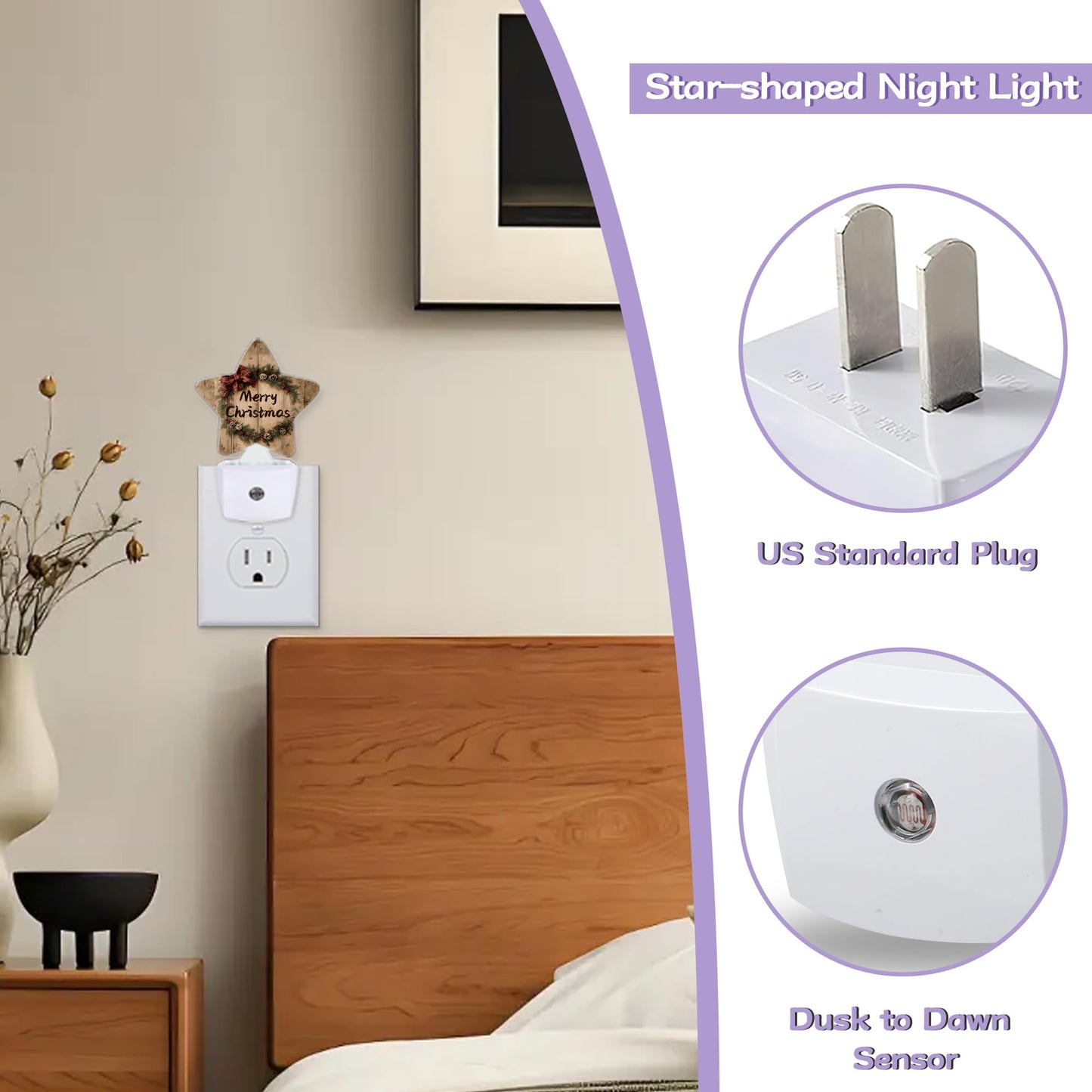 Merry Christmas Nightlights Plug in Wall,Rustic Wooden Decorative Star Lamp with Automatic Lighting for Living Space,Gentle Glow for Kids Room,Hallway,Bathroom