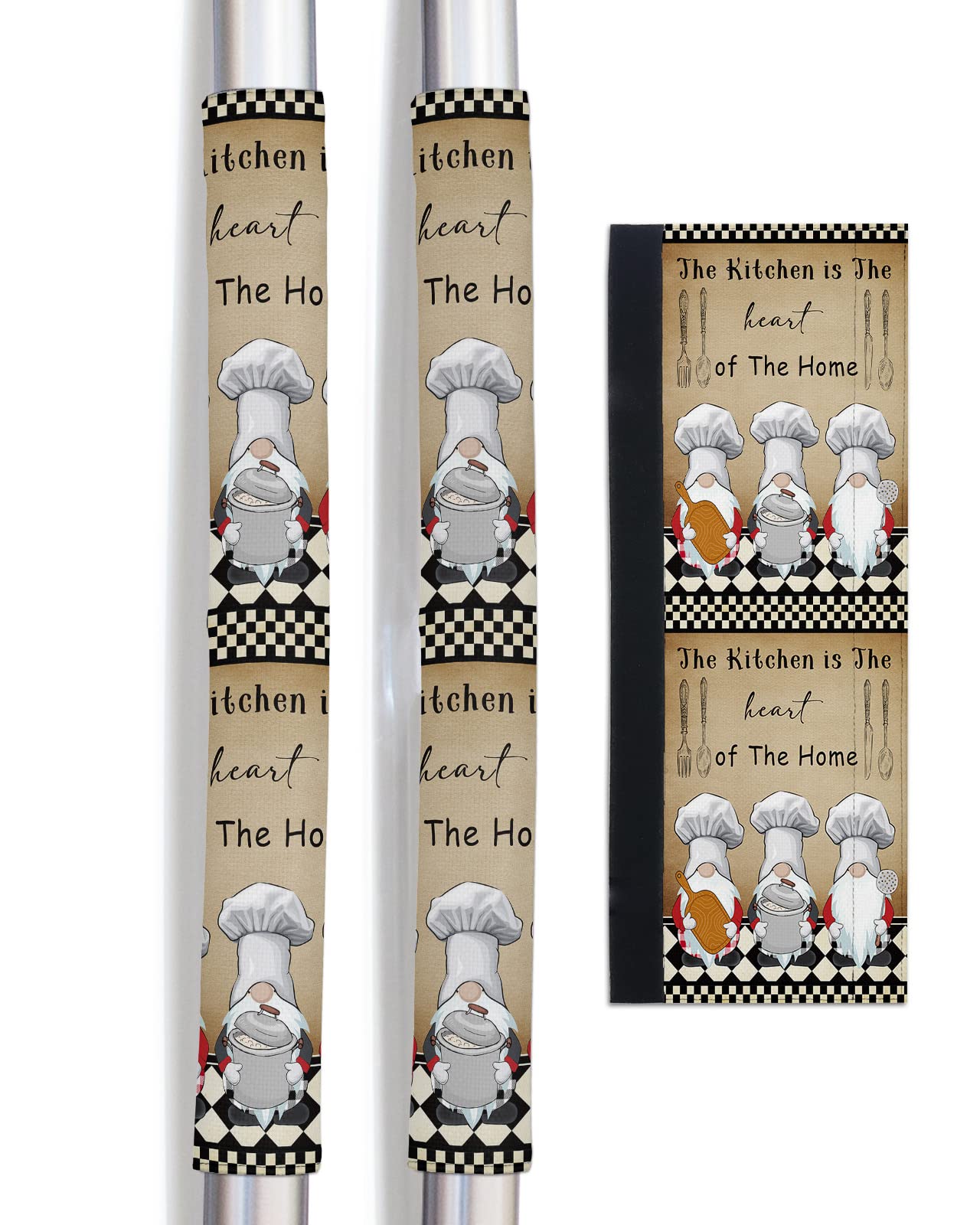 Cute Chef Gnomes Refrigerator Door Handle Covers Set of 2 for Dishwasher Microwave Oven Fridge Stove Door Handles,Washable Kitchen Decor Accessories,Funny Chef Cook Checkered Plaid Black White Brown