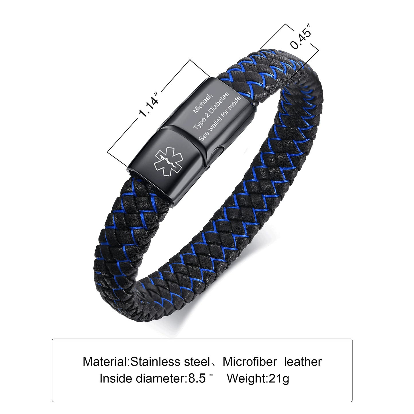 VNOX Blue TYPE 2 DIABETES Braided Leather Medical Symbol Caduceus with Stainless Steel Cuff Wristband Bracelet,8.5 Inches