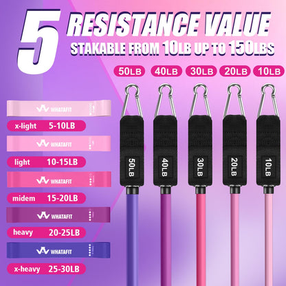 WHATAFIT Resistance Bands, Exercise Bands，Resistance Bands for Working Out, Work Out Bands with Handles for Men and Women Fitness, Strength Training Home Gym Equipment Pink Purple 16PCS