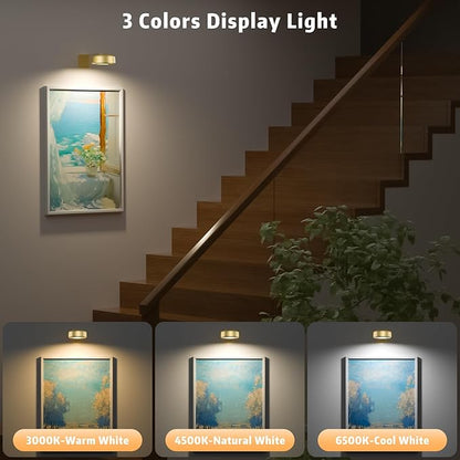 6PCS Picture Lights,3 Colors Paintings Light Rechargeable Battery Wall Light Dimmable and Timer Metal Art Light for Paintings,Display, Wall, Artwork, Gallery (Gold)