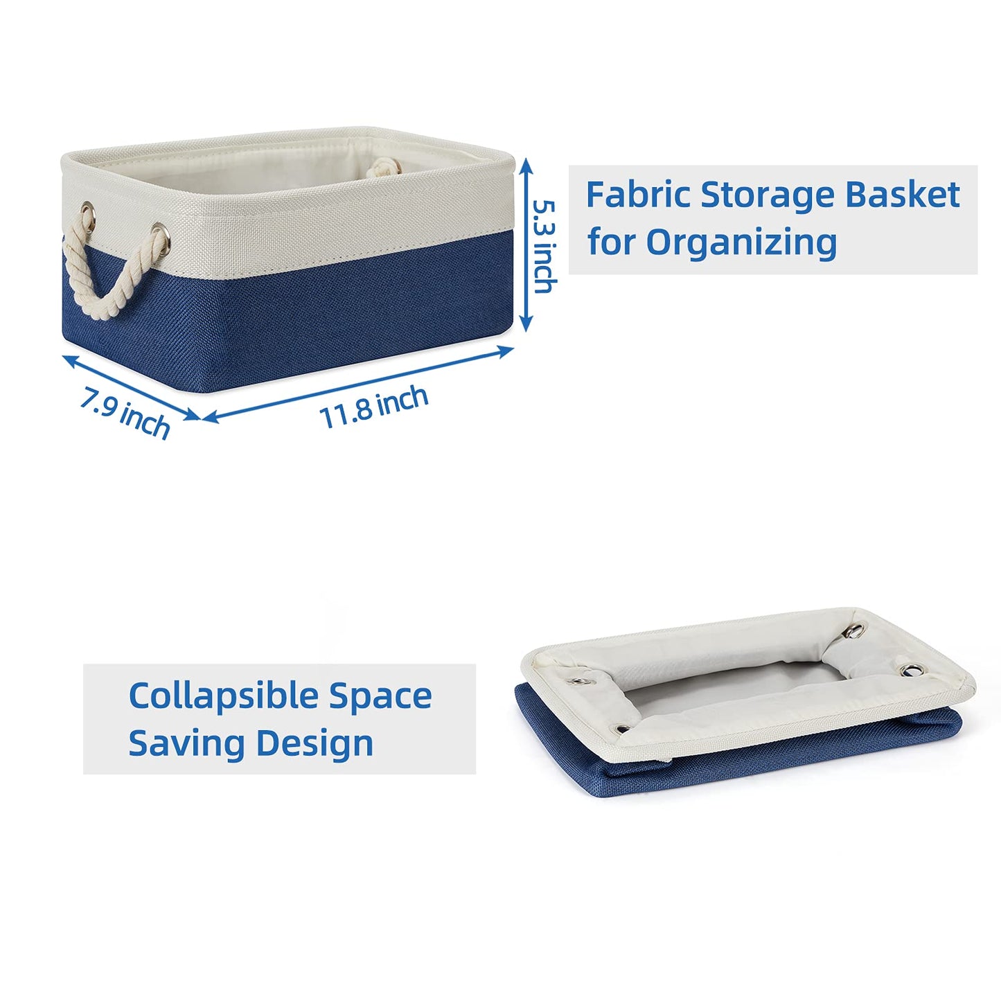 Temary Small Storage Baskets for Shelves, 6 Pcs Empty Gift Baskets for Organizing Clothes, Books, Fabric Storage Bins with Rope Handles (White&Blue,11.8 L x 7.9 W x 5.3 H inches)