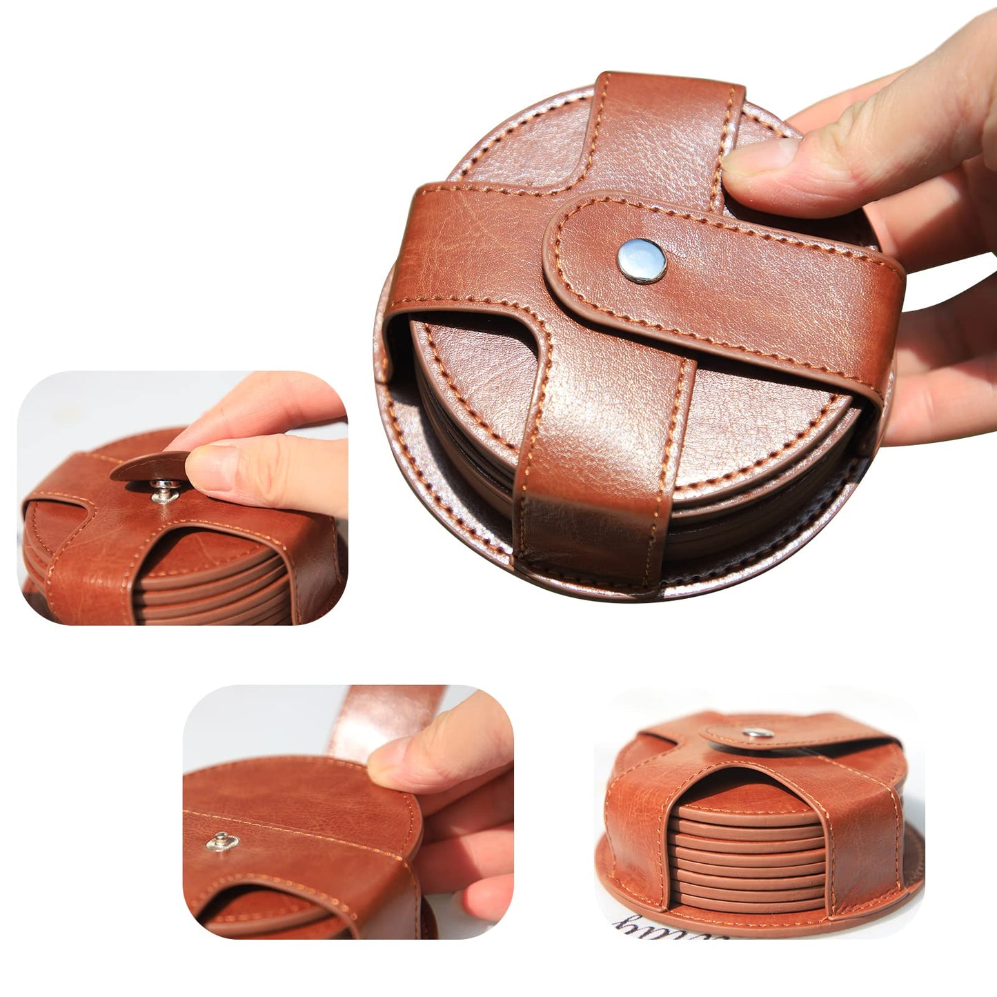 TOSSOW PU Leather Coaster 8 Pcs with Holder, Durable and Non-Slip Coaster for Protection Tabletop, Wooden Table, Desk, Bar, Coasters Fit All Cups (Brown)
