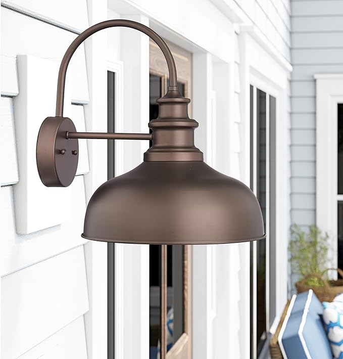 Bestshared Gooseneck Barn Light 14 Inch Dome Farmhouse Wall Sconce, Outside Wall Mounted Light, Exterior Lighting Fixture, Porch Lighs for Entryway, Garage,Patio (ORB+Gold, 14” Dome-2Pack)