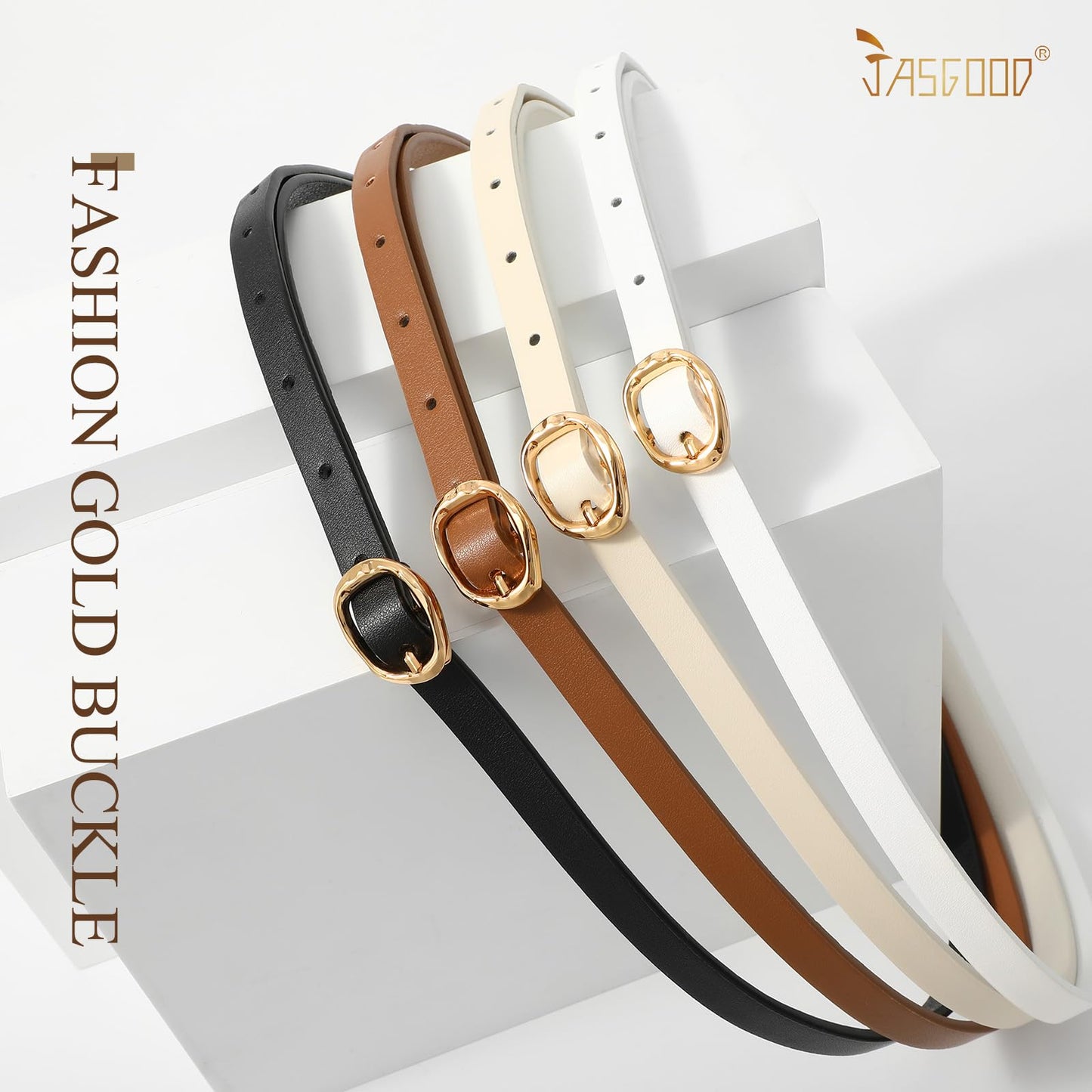 JASGOOD 4 Pack Women Skinny Leather Belts for Jeans Thin Belt for Dresses Ladies Waist Belt with Gold Buckle