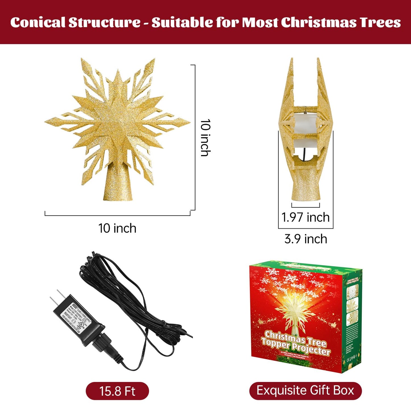 Christmas Star Tree Topper Lighted with Led Snowflake Projection, Christmas Tree Topper Star with Built-in LED Rotating 3D Projector Lights, Christmas Decoration for Family Office Indoor (Gold)