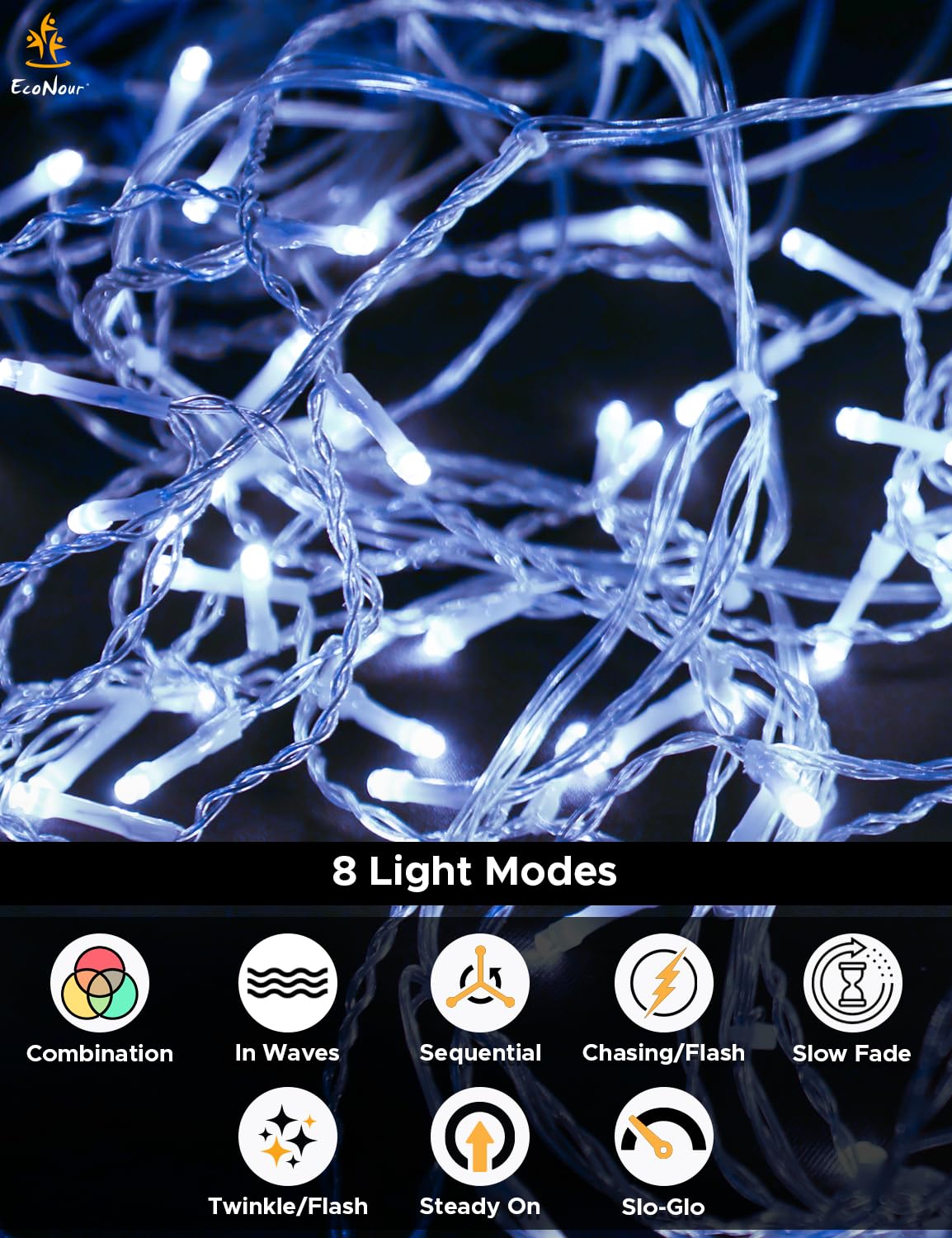 EcoNour Cool White Easter Icicle Lights for Outside, 32.8 FT 360LED Outdoor Icicle Lights with 8 Mode, 8HR Timer, Memory Function, Clear Wire connectable, Plug in Fairy Lights for Roofline, Party