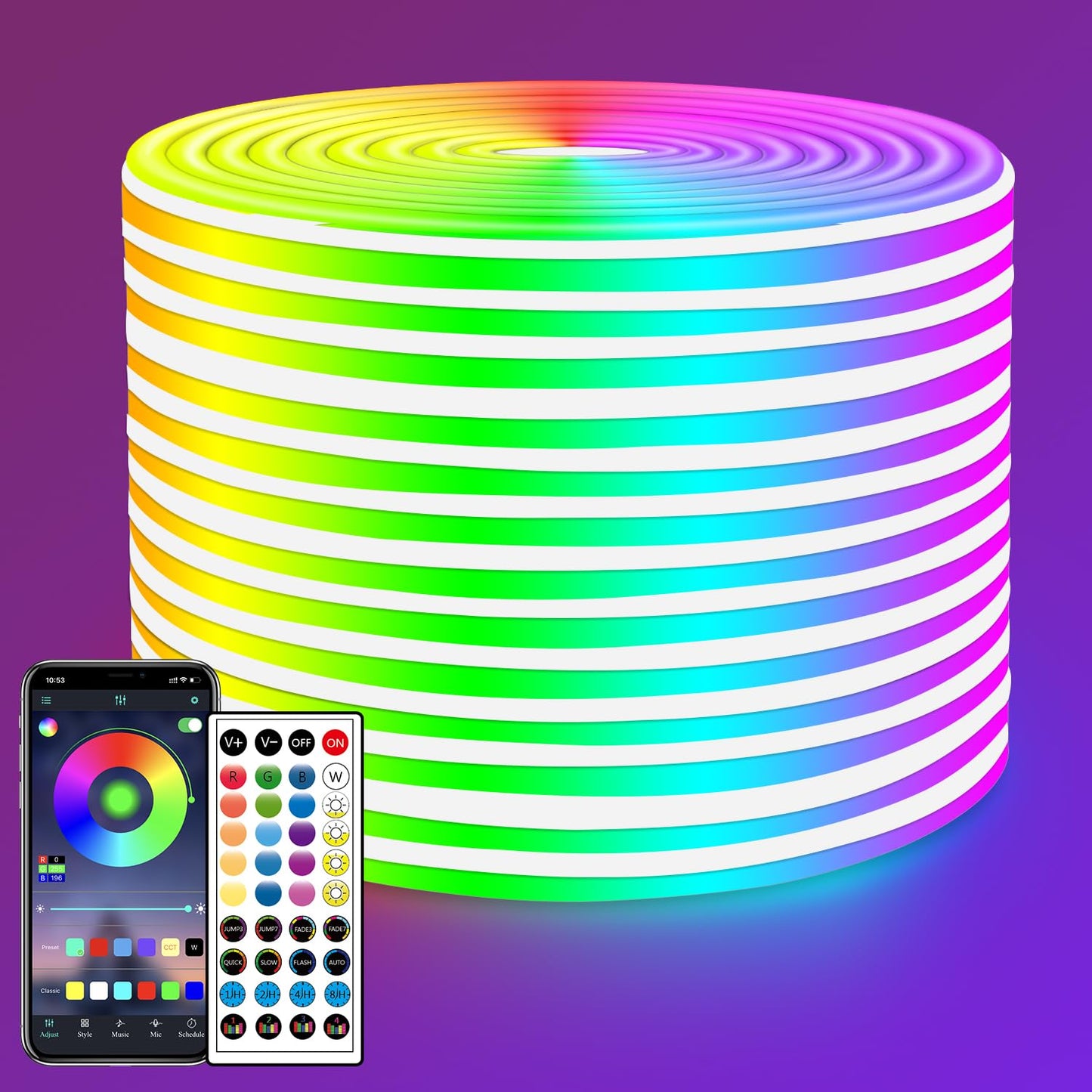 Yeewhale LED Neon Rope Lights 50FT,IP65 Waterproof LED Strip Lights,Music Sync LED Lights with Remote and APP Control, 24V RGB LED Rope Lights for Bedroom,Holiday Decoration（with Snap &Screws）