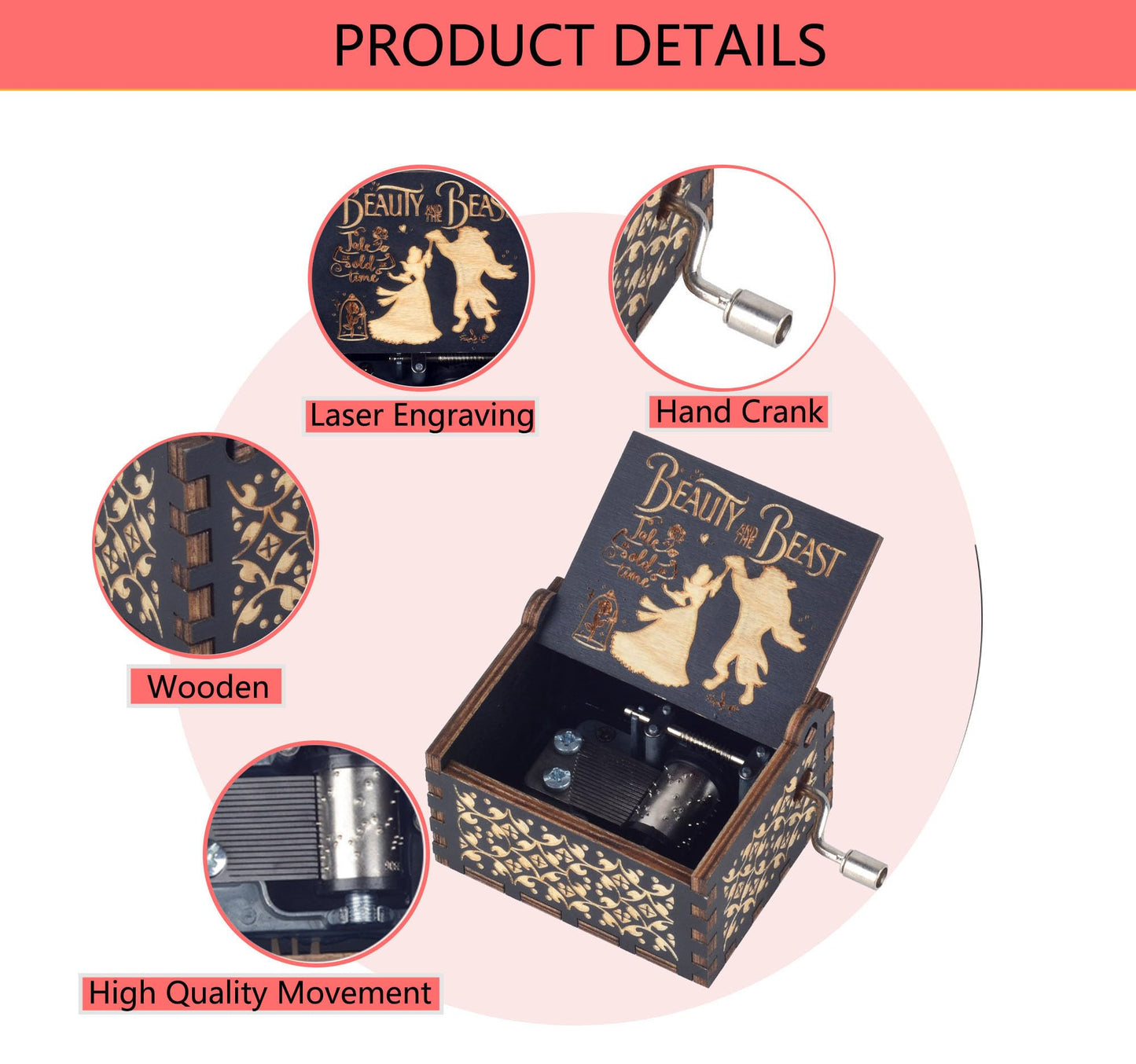 Ddjbdb Beauty Music Box Beast, 18 Note Mechanism Antique Carved Wooden Hand Crank Musical Box Crafts,Valentine Christmas Birthday Gift for Her Wife Girlfriend