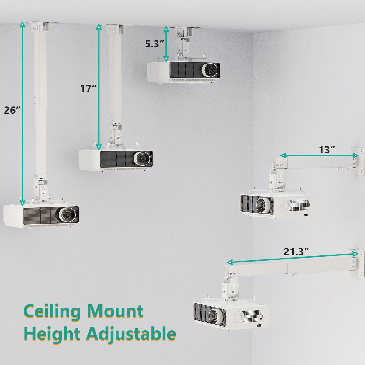 WALI Projector Mount Ceiling/Wall - Universal 3-in-1 Bracket with Extension Pole, Height Adjustable Holder for LCD/DLP Projectors, Supports up to 44lbs, White (PM-003-W)