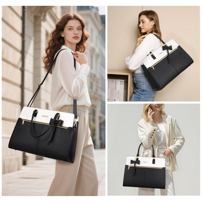 MOSISO Laptop Tote Bag for Women, 15.6 inch Waterproof PU Leather Work Bag with Clutch Purse & Bowknot, Large Capacity Handbag Shoulder Computer Bags Work Briefcase for Business Teacher Office, Black