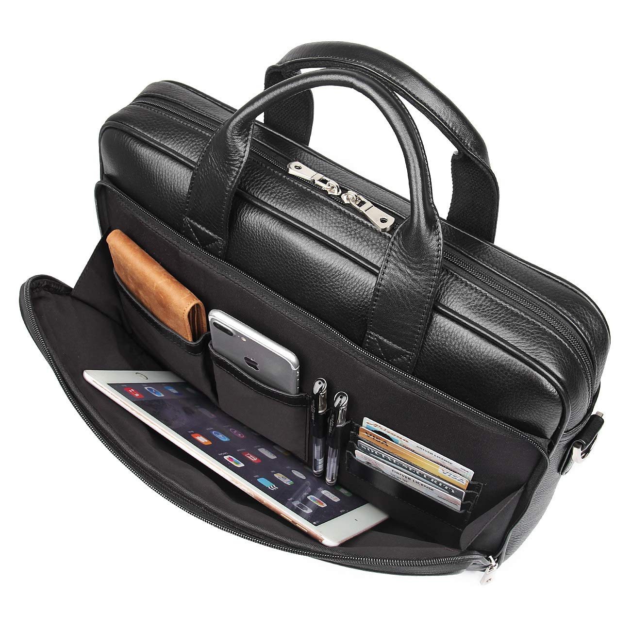 Augus Genuine Leather Messenger Bag for Men Vintage Travel Backpack 14 inch laptop Briefcase Shoulder Bags Black With YKK Metal Zipper