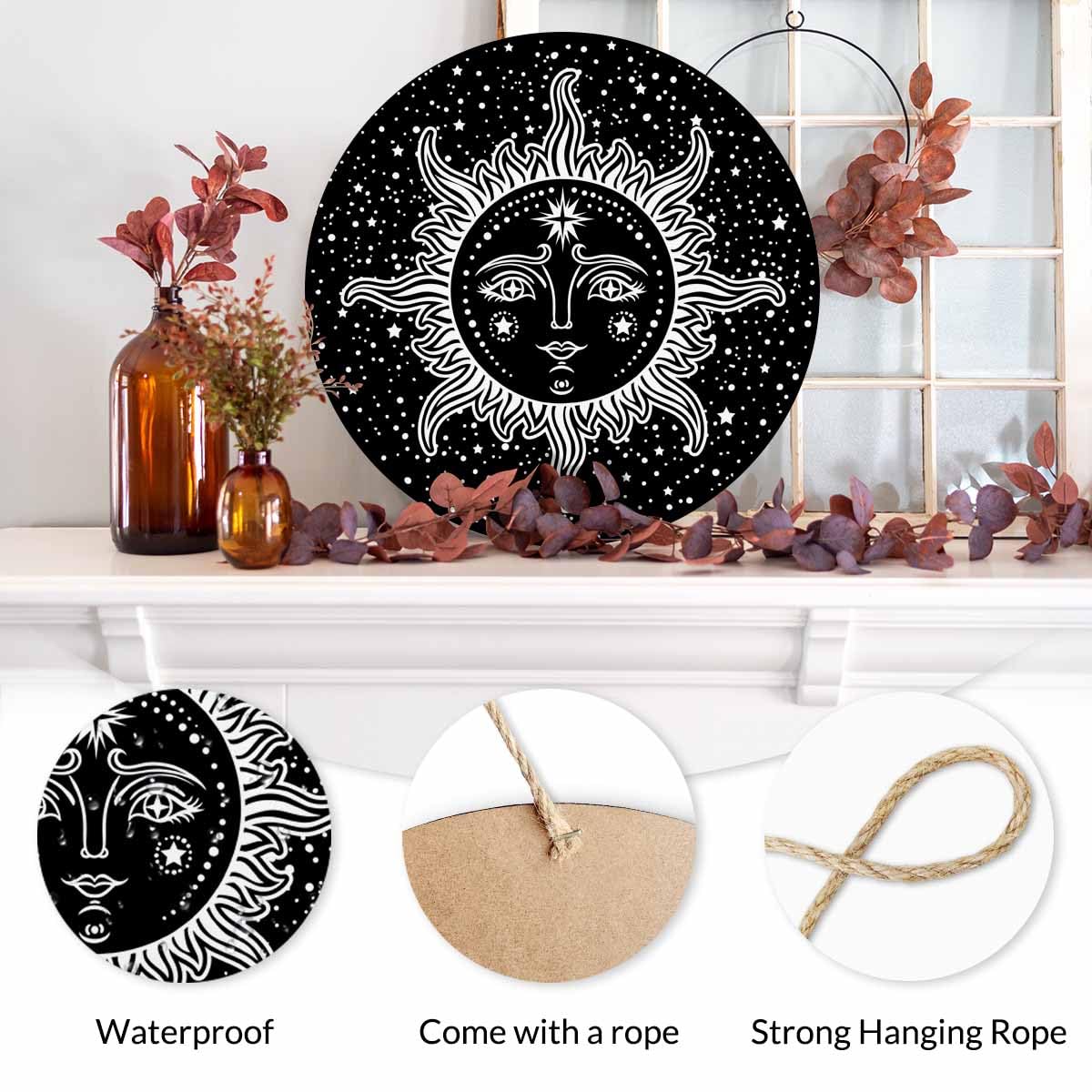 Beabes Farmhouse Front Porch Decor Door Hanging Black White Sun Stars 12in Round Wooden Hanging Housewarming Home Decor Present