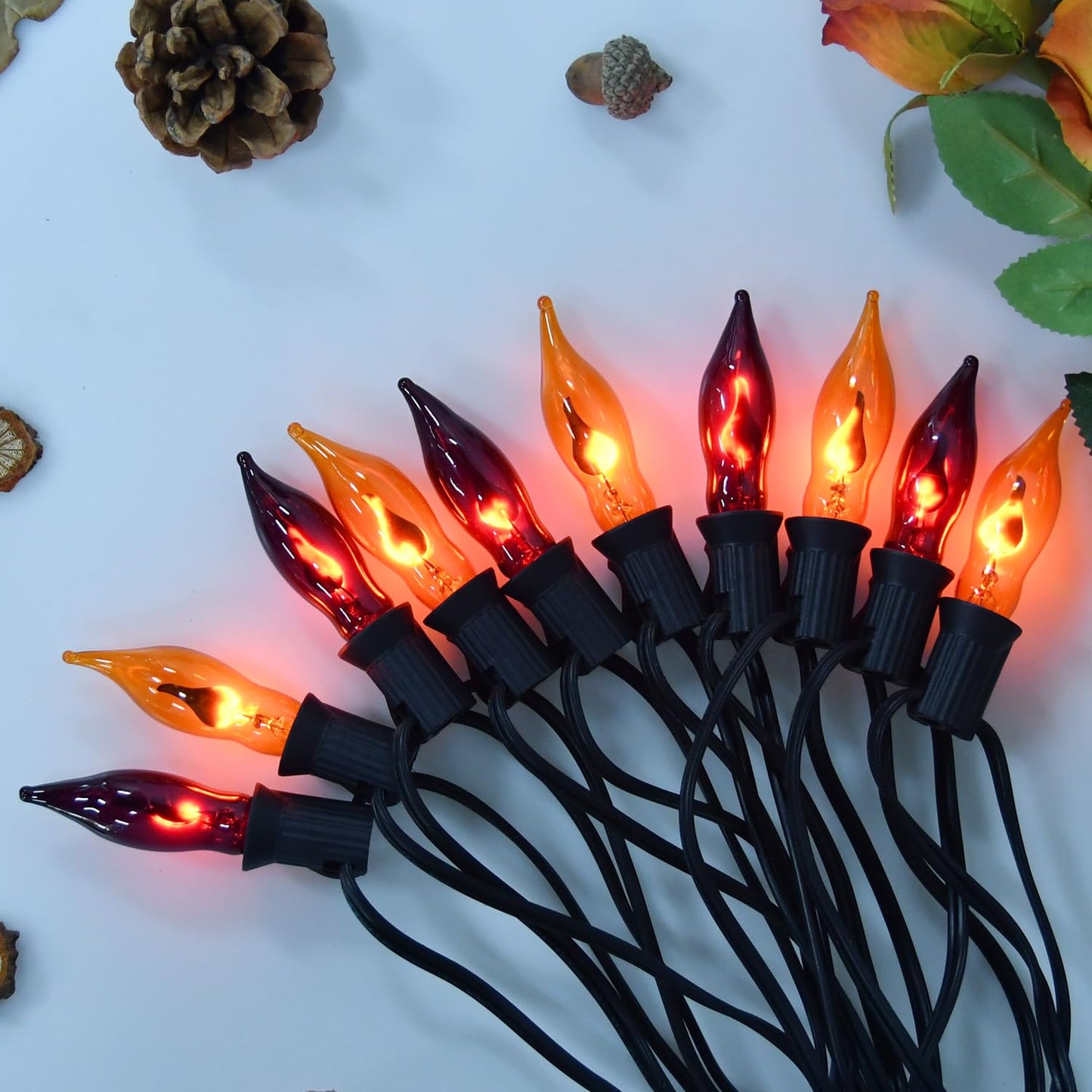 PASUTO Orange and Purple Halloween Lights - Flickering Flame String Lights, 12.8Ft Indoor Outdoor Halloween Lights C7 Retro Flame String Lights, Ideal for Fall Halloweens Decorations for Home Party