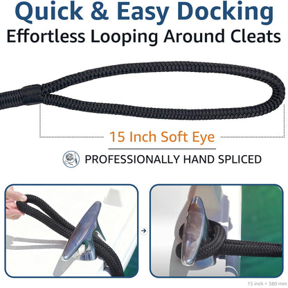 PACTHSD 2 Pack 3/4" x 15' Dock Lines - Marine Grade Nylon Boat Rope with 15" Loop for Docking and Mooring - Double Braided Boat Lines, High Strength, Easy Handling, Fray Resistant - Black