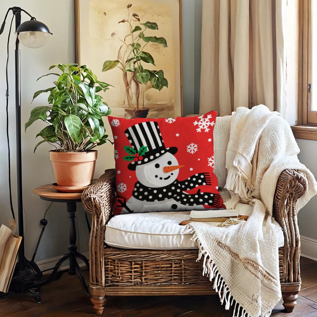 7COLORROOM Set of 4 Christmas Red Pillow Cover Lovely Snowman Festival Throw Cushion Cover Home Decorative Winter Cotton Linen Pillowcases 18" x 18"(Snowman)