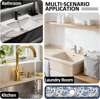 2 Pcs Kitchen Sink Splash Guard Faucet Mats Vintage Porcelain Flowers and Birds