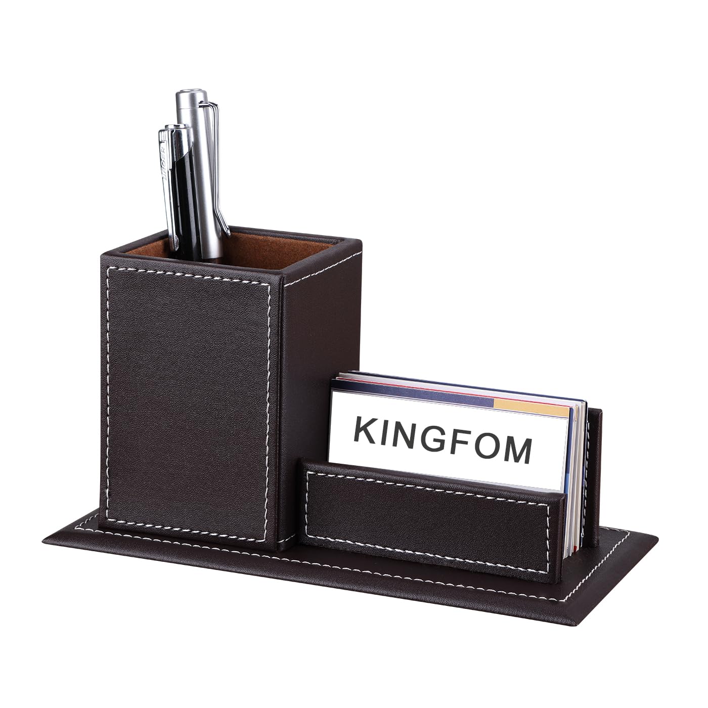 KINGFOM PU Leather Desk Organizer and Accessories, Pencil Holder for Desk with Business Cards Stand, School Office Supplies Collection Caddy Brown