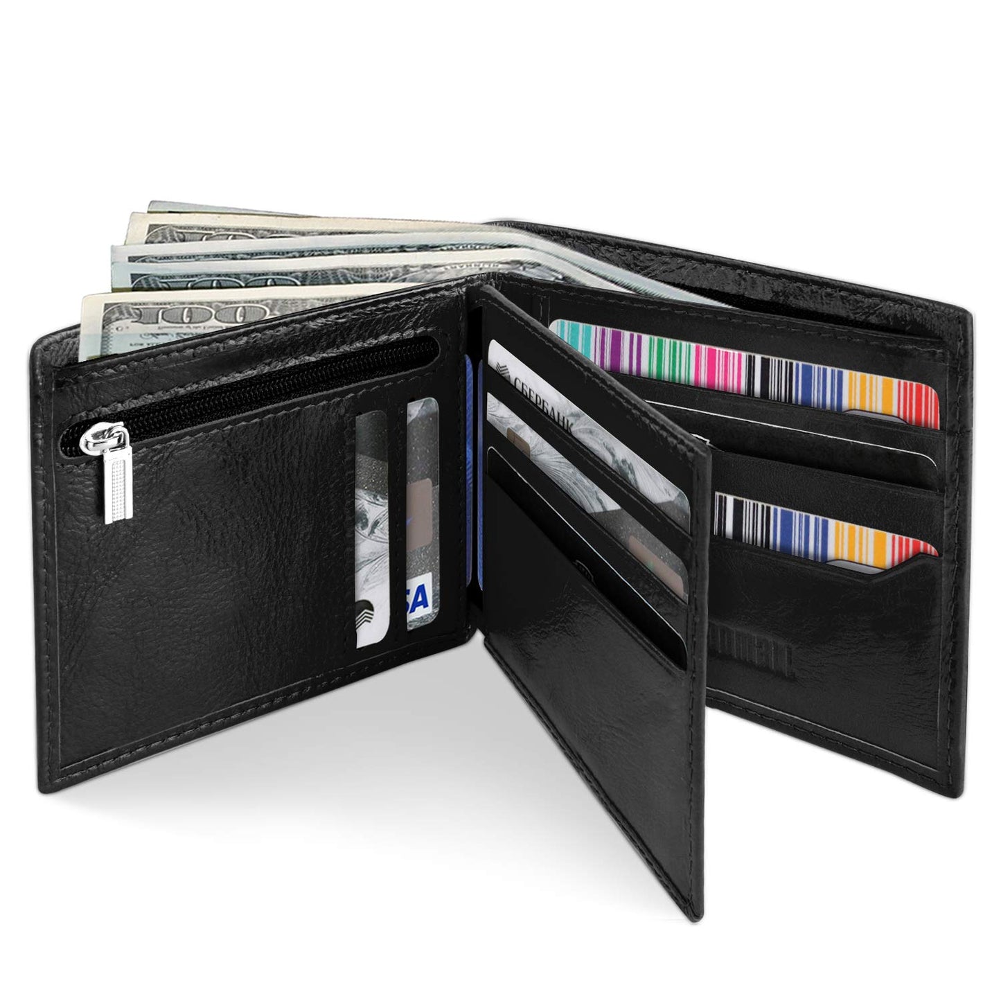 LYOOMALL Wallet for Men, Large Capacity Genuine Leather RFID Blocking Bifold Wallet/Credit Card Holder for Men, with Coin Pocket, Zipper Cash Pocket, ID Window and 10 Card Slots (Black)