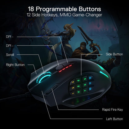Redragon M913 Impact Elite Wireless Gaming Mouse, 16000 DPI Wired/Wireless RGB Mouse with 16 Programmable Buttons, 45 Hr Battery and Pro Optical Sensor, 12 Side Buttons MMO Mous