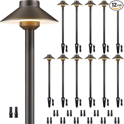 Gardenreet Solid Cast Brass Pathway Light - 12v Landscape Pathlights Outdoor Waterproof, Electric Path Lights Wired, Hat Shape Antique Bronze for Garden Decorations G4 Bulb Not Included (12 Pack)