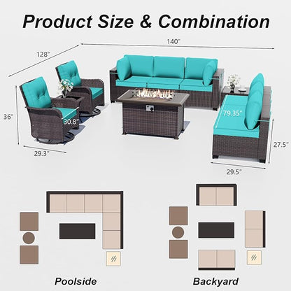ALAULM 11 Pieces Patio Furniture Set with 2 Swivel Chairs Patio Furniture Outdoor Sectional Sofas with 55000 Gas Fire Pit Patio Conversation Set w/8 Cushions-Blue