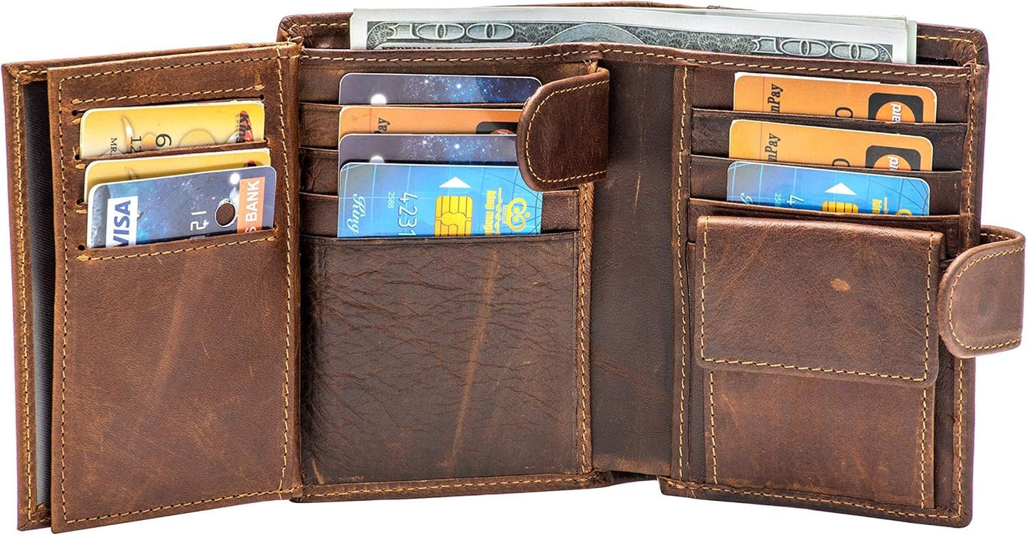 Plinvo Mens Large RFID Blocking Genuine Leather Wallet Trifold Card Holder with Snap Closure and 3 ID Windows (Coffee)