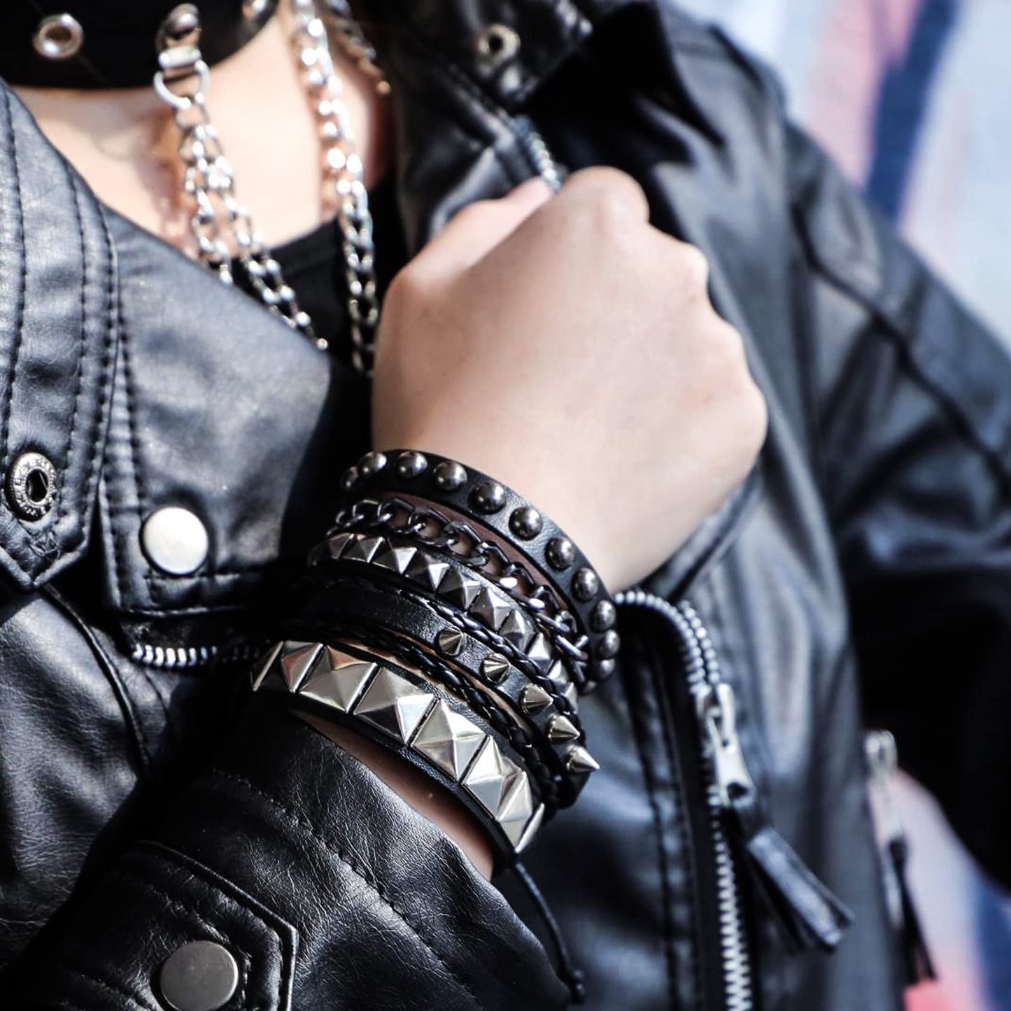 Eigso 4 Pcs Punk Leather Bracelet Hematite Black for Men Women Adjustable Spike Metal Cuff Bangle