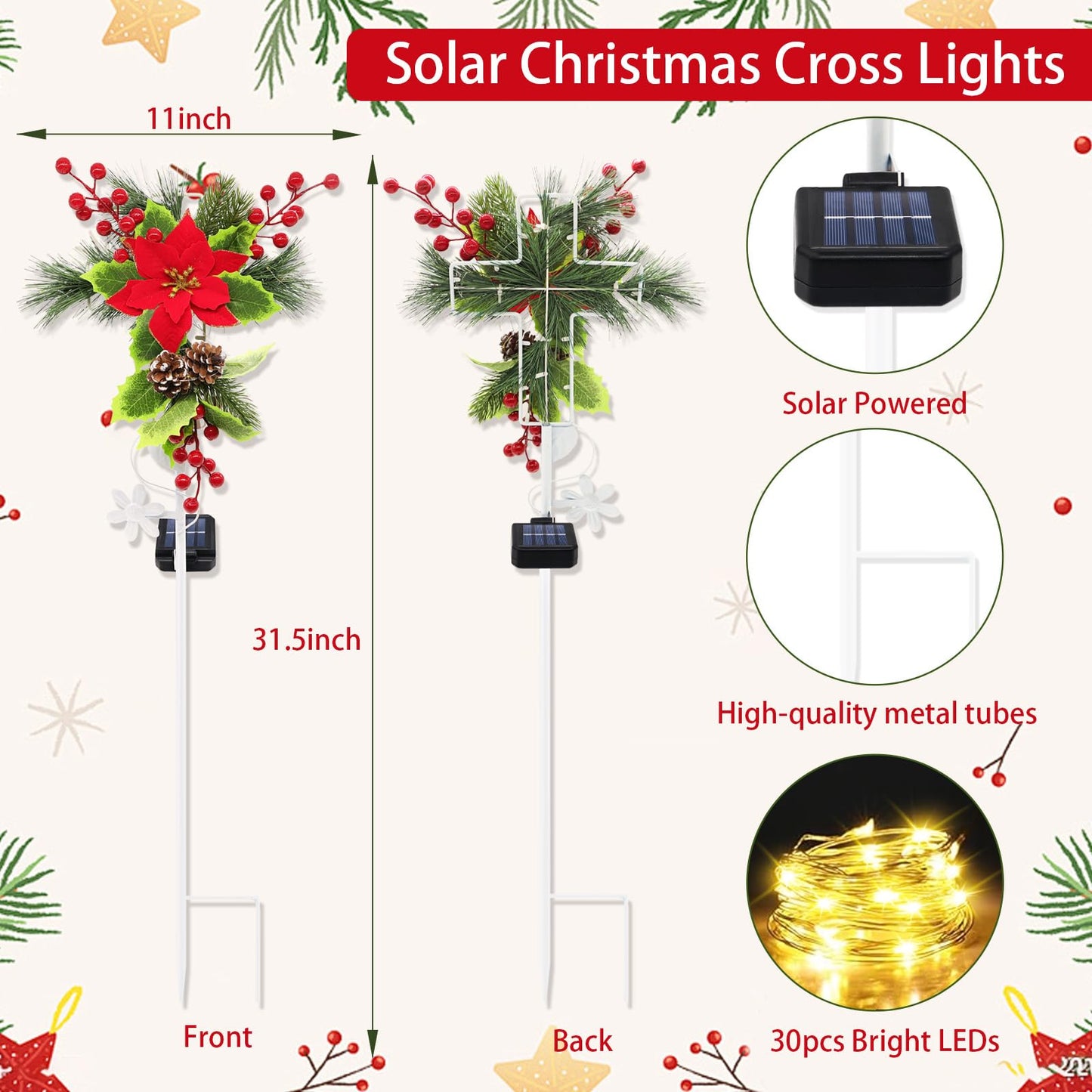 stadeco Solar Christmas Decorations Outdoor, 32 Inch Solar Christmas Cross Stake Lights, Waterproof Grave Decorations with Poinsettia Flower Pinecones Red Berries for Garden Yard Patio Lawn Cemetery