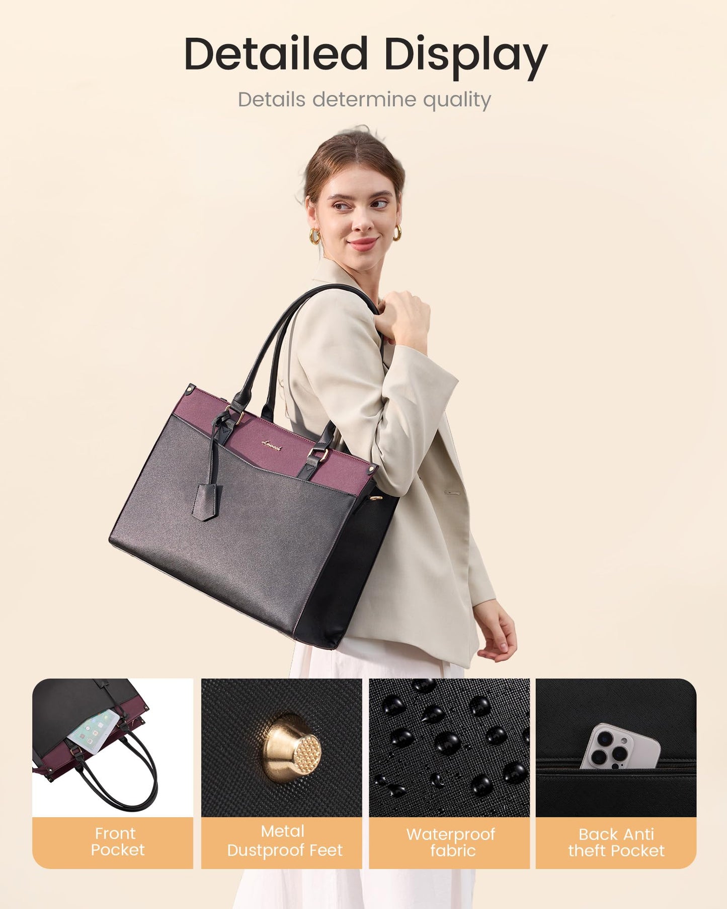 LOVEVOOK 17.3 inch Laptop Bag for Women, 2-in-1 Multi-Pocket Leather Tote Purse with Elegant Clutch & Cup Holder, Waterproof Structured Large Capacity Work Briefcase for Office Travel, Wine Red-Black