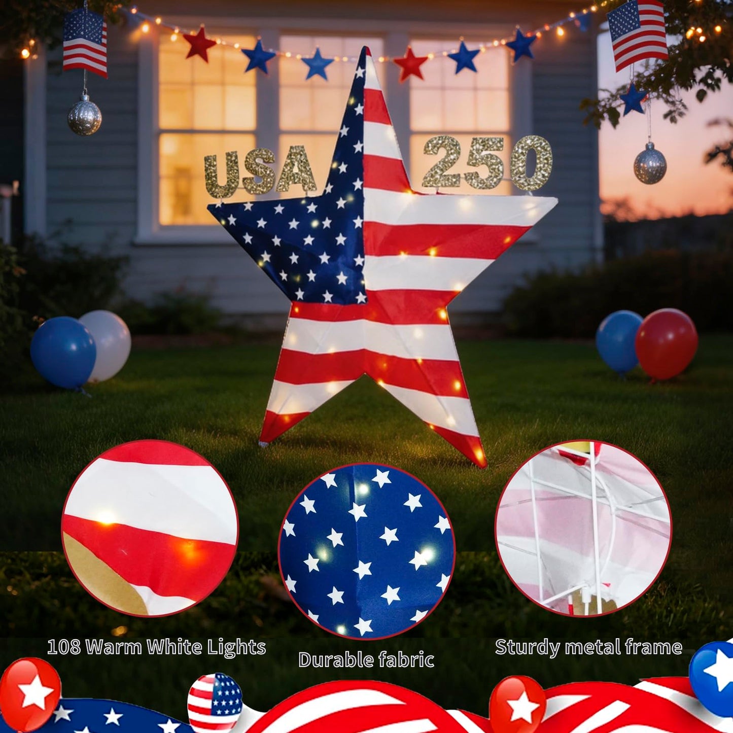 4th of July Decorations Light, USA 250 Lighted Patriotic Star with 38 Lights, American Flag Yard Decoration for Garden, Lawn, Porch, Red White and Blue Independence Day Decor