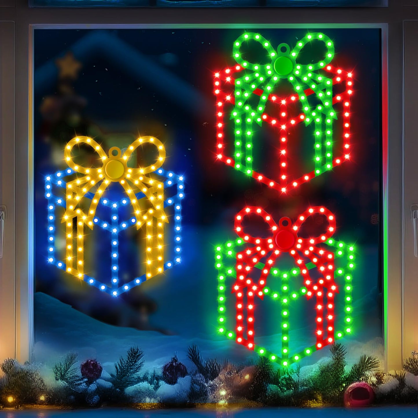 ElectricWise 3 Pack 10'' Christmas Window Lights, 354 LEDs Hi Vibrant Twinkling Lighted Gift Boxes, Waterproof Plug in Christmas Window Silhouette Light Present Decoration for Door Wall, Xmas Decor
