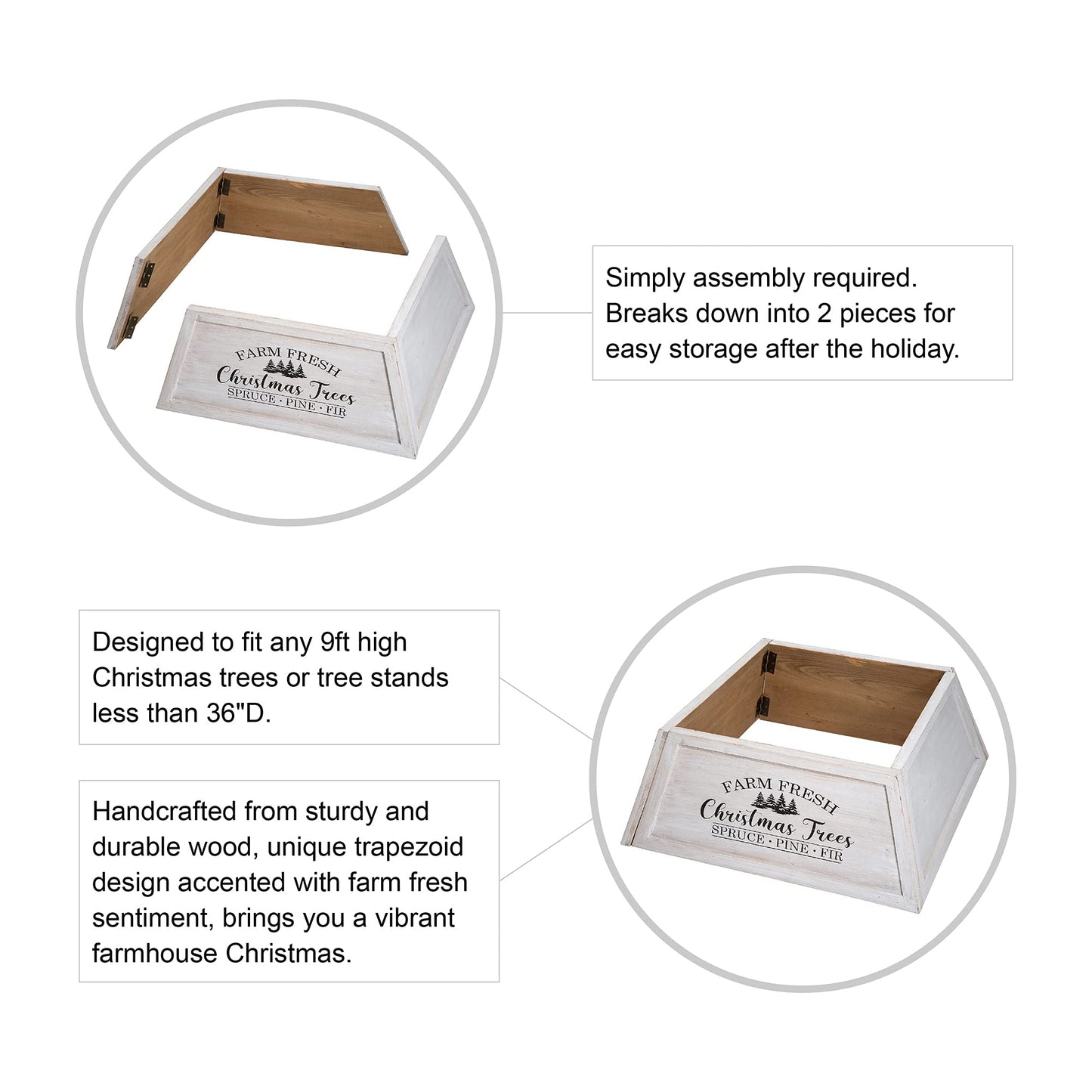 Glitzhome 26" L Washed White Wooden Tree Collar, Rustic Trapezoid Tree Stand Cover Farm Fresh Christmas Tree Skirt Box