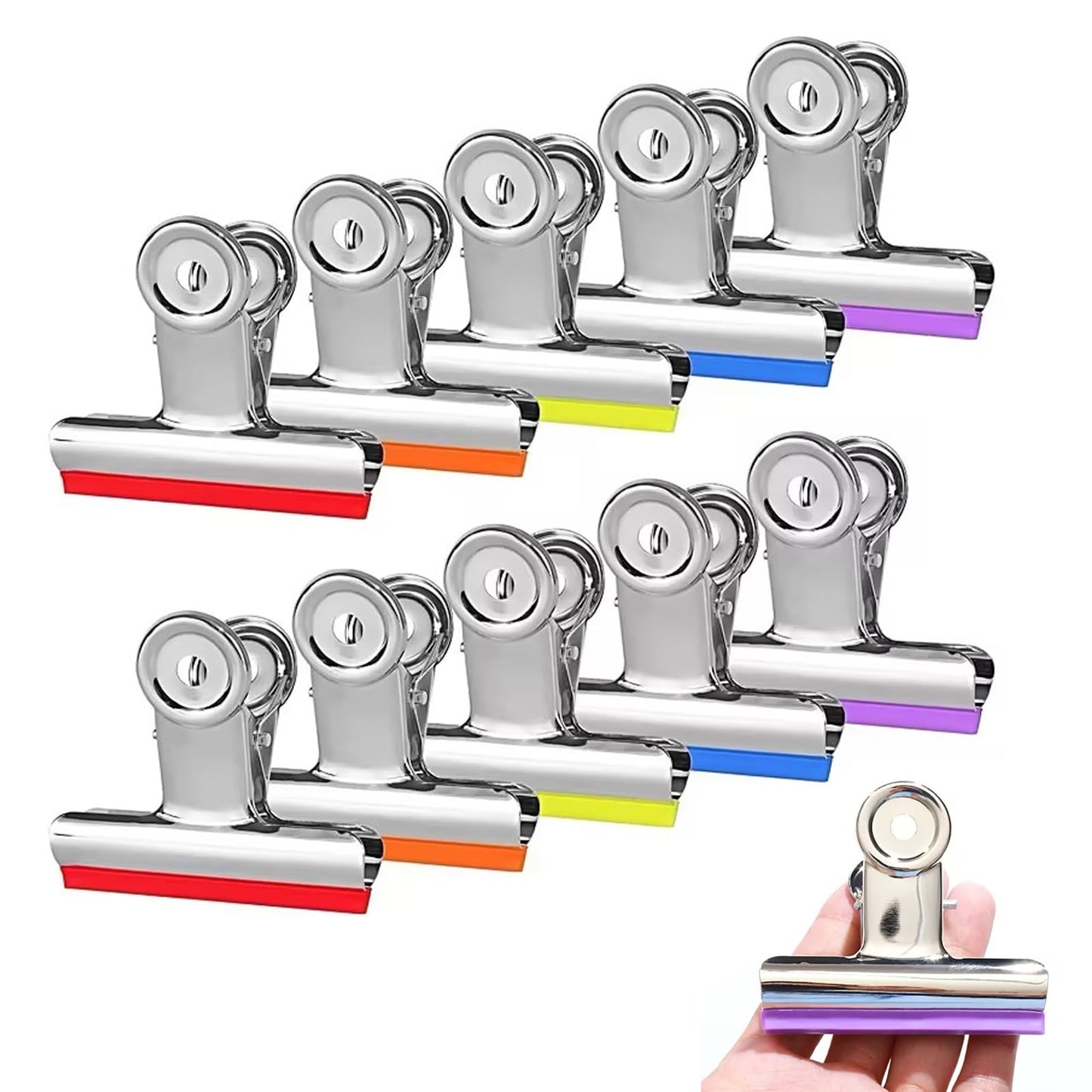 3 Inch Extra Large Bulldog Clips Covered with Silicone, 10 Pack, 75 mm, Silver, Chip Clip, Binder Clips, Fold Clamps for Food Bags, No More Sharp Edges
