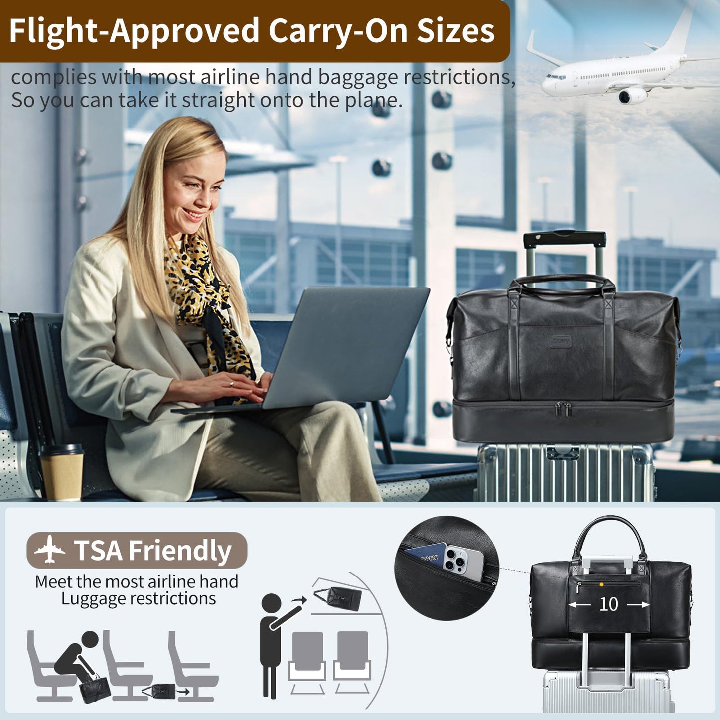 Faux Leather Weekender Bags for Women: Large Overnight Bags Travel Duffel Bag Carry On Shoulder Weekend Tote with Shoe & Laptop Compartment & Toiletry Bags for Airplane Traveling Gym