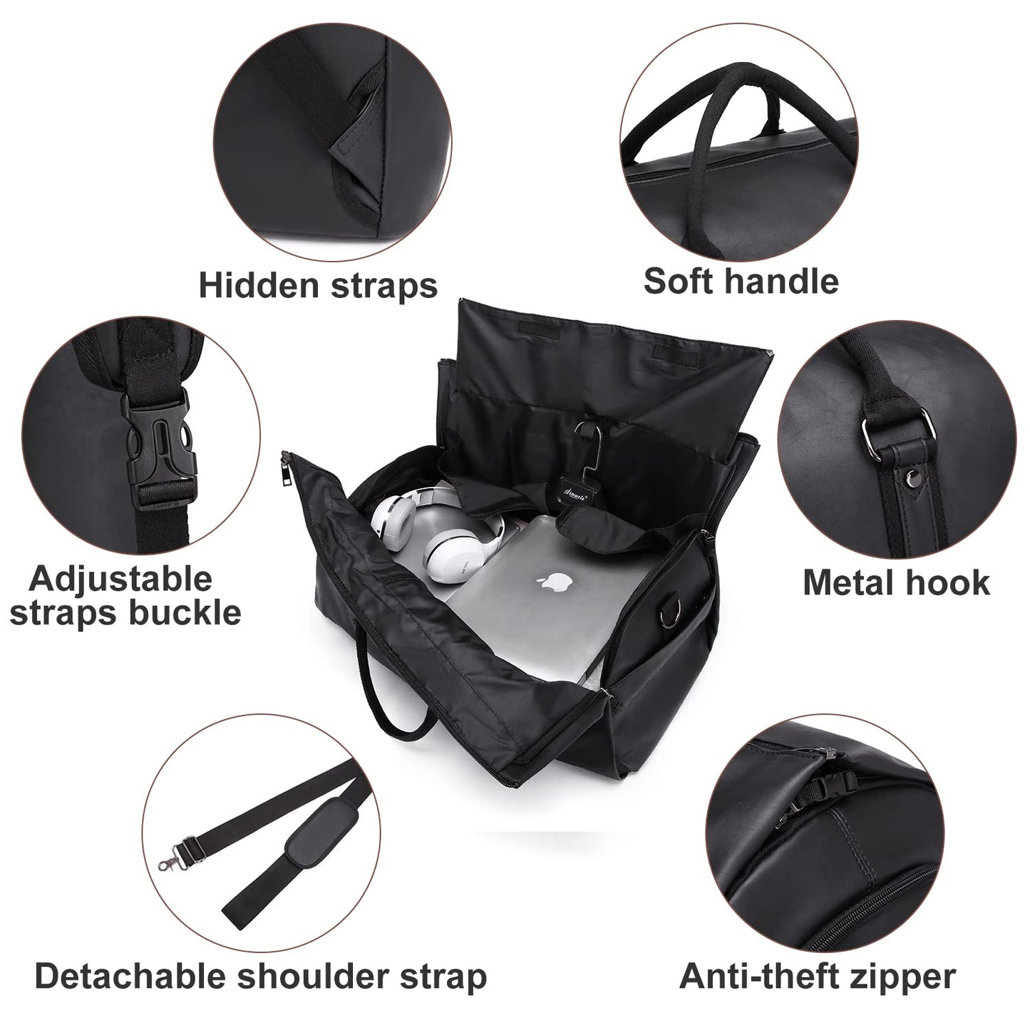 Carry On Garment Backpack, 3 in 1 Waterproof Mens Garment Bag for Travel Business, Leather Duffel Bag with Shoe Compartment -Black