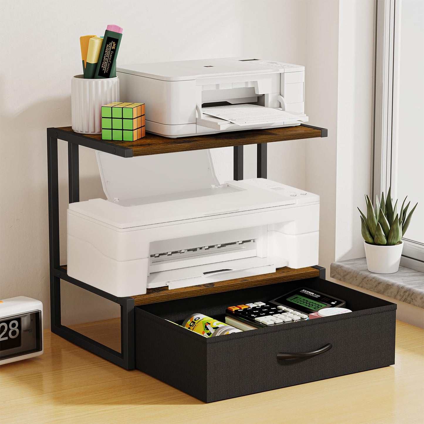 VYUOL Printer Stand with Storage for Desk, with Fabric Drawer Desktop Printer Stand Shelf Organzier for Home Office, for Above and Under Desk Printer Table, Fax Machine Copier Scanner, Brown