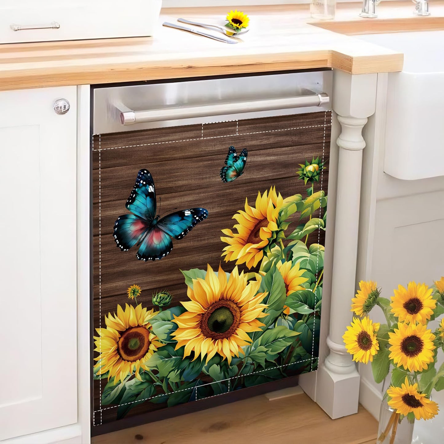 Sunflower Dishwasher Magnet Cover 23x26in Blue Butterfly Dishwasher Cover for Washers Fridge Panel, Floral Magnetic Covers for Kitchen, Machine Door Covers Decor, Spring Summer Kitchen Decor