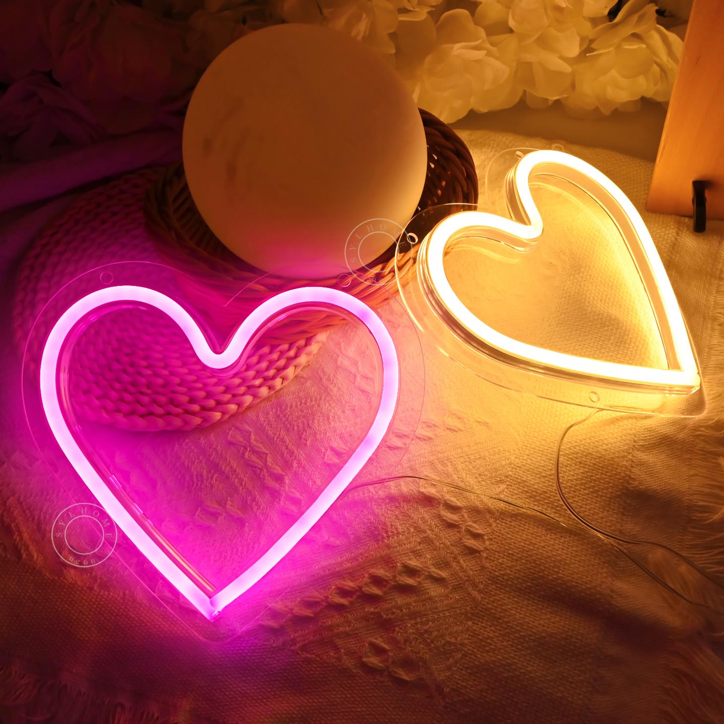 SYLHOME 2 Pack Heart Led Neon Light Sign Battery Operated or USB Powered Bedroom Wedding Wall Sign Decor Birthday Christmas Gifts USB 7.87" X 7.28" Pink & Warm White