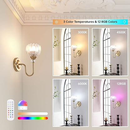 Set of 2 Vintage Battery Operated Wall Sconce, Rechargeable Wall Lamp with 5000mAh Battery & Remote Control, Dimmable Wall Lights with Tulip Shade for Bedroom Living Room(Tulip Transparent Up)