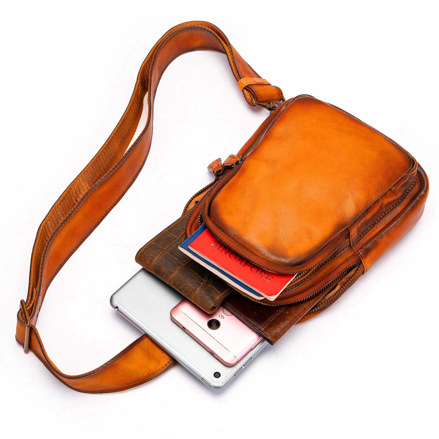 NIUCUNZH Genuine Leather Men Sling Bag, Handmade Vintage Shoulder Crossbody Bags Purse Small Travel Pack for Women and Men Daypack Brown